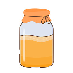 Kombucha fermented probiotic homemade drink. Tea mushroom brewing in mason jar. Healthy tea fungus drink outline colored icon. Flat style vector illustration isolated on white background.