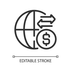 International money transfer pixel perfect linear icon. Get paid from another country. Payment method. Thin line illustration. Contour symbol. Vector outline drawing. Editable stroke. Arial font used