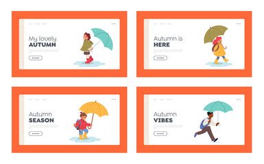 Happy Kids with Umbrellas Landing Page Template Set. Boys and Girls Characters Walking at Rainy Weather at Autumn Time