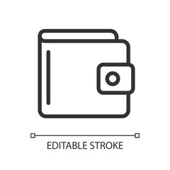 Purse pixel perfect linear icon. Money bag. Traditional wallet. Carry cash and coins. Secure storage. Thin line illustration. Contour symbol. Vector outline drawing. Editable stroke. Arial font used