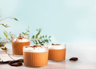Homemade delicious chocolate mousse panna cotta pudding whipped cream in a glasses
