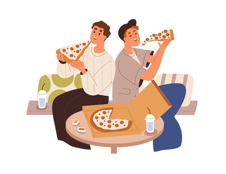 Men Friends Eating Pizza Together, Sitting At Table In Pizzeria. Happu Guys Couple Enjoying Fast Food, Relaxing. People And Takeaway Fastfood Box. Flat Vector Illustration Isolated On White Background