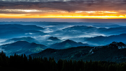 Sunrise in the Rarau mountains, Eastern Carpathians, Romania.