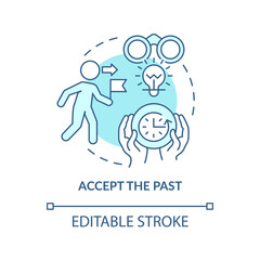 Accept past turquoise concept icon. Cope with problems. Dealing with change abstract idea thin line illustration. Isolated outline drawing. Editable stroke. Arial, Myriad Pro-Bold fonts used