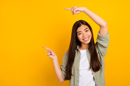 Photo of young businesswoman hr manager promote new job offer vacancy isolated on yellow color background