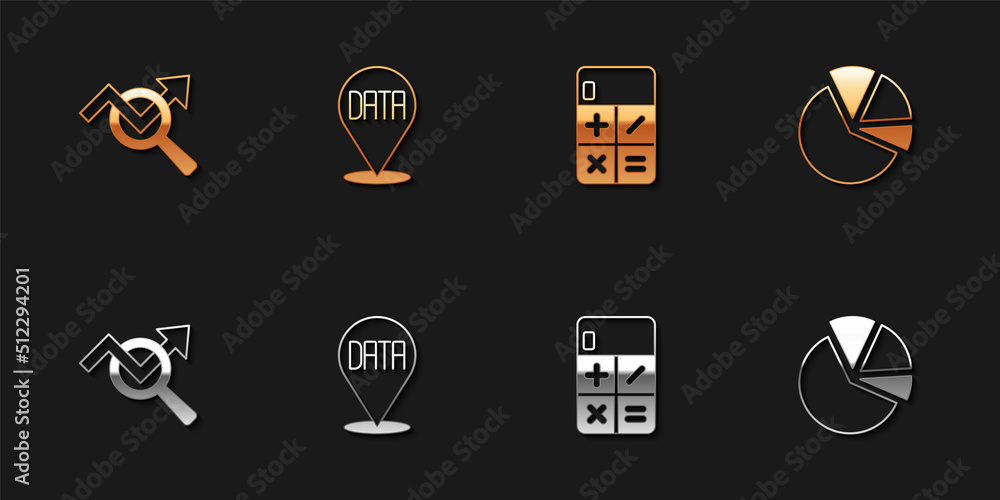 Poster set search data analysis, data, calculator and pie chart infographic icon. vector