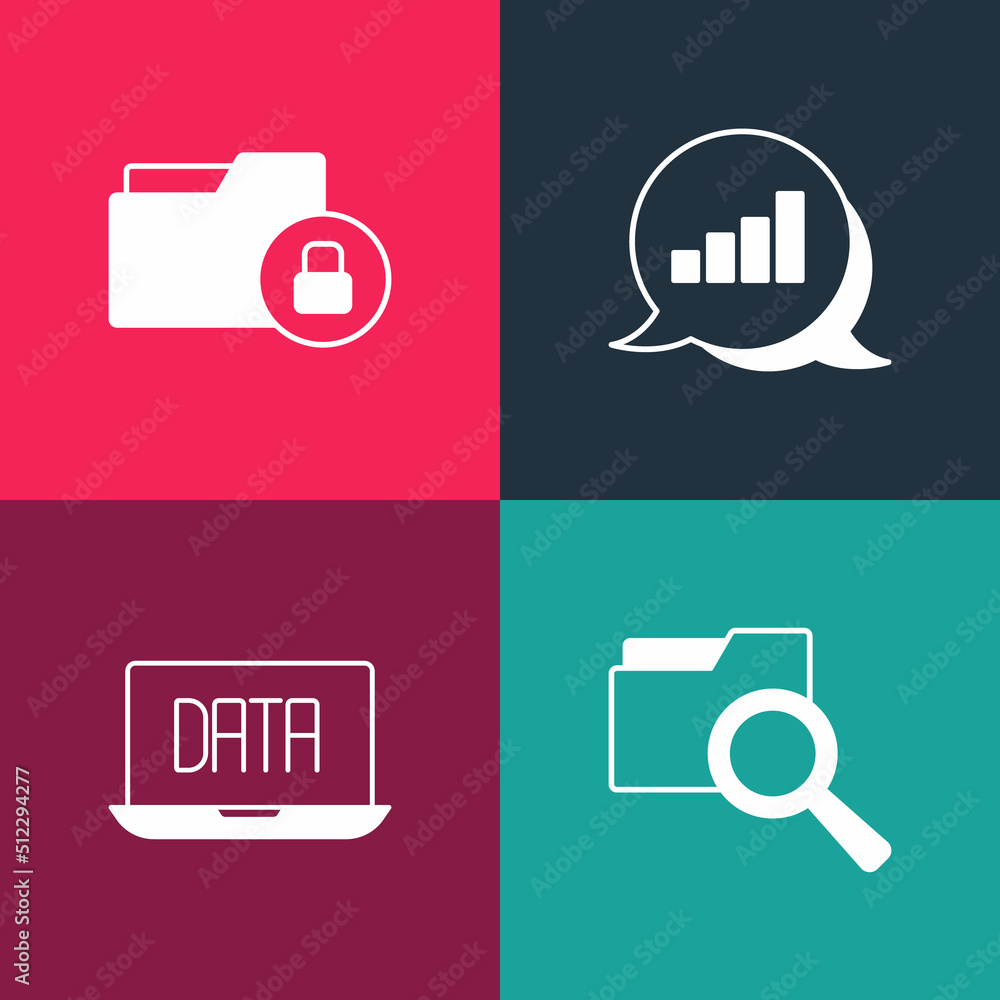 Poster set pop art search with folder, data analysis, pie chart infographic and folder and lock icon. vecto