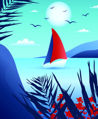 Fototapeta na wymiar Vector illustration postcard poster summer landscape tourism nature yacht sail in the tropics