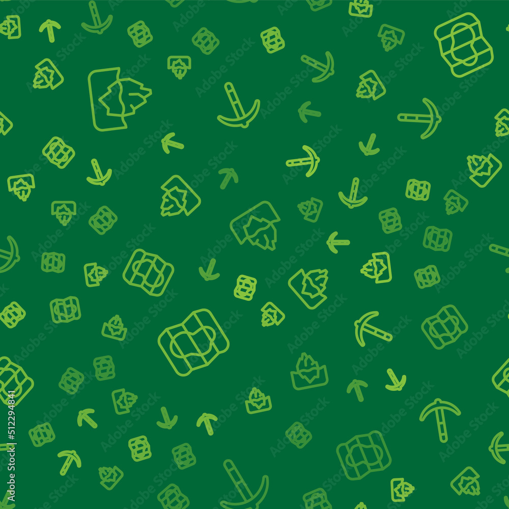 Poster set line iceberg, map of iceland and pickaxe on seamless pattern. vector