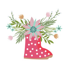 Flowers in a boot. Flower bouquet in rubber boots. Flat illustration.