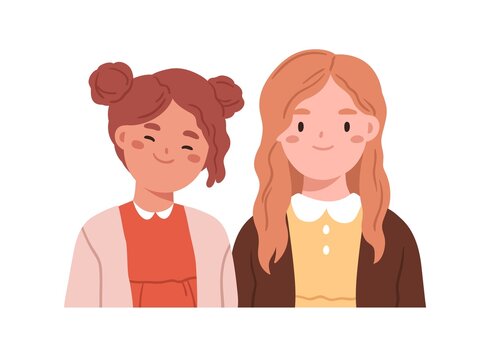 Two happy girls friends, face portrait. Cute children couple. Smiling kids sisters together. Positive lovely female classmates, school mates. Flat vector illustration isolated on white background