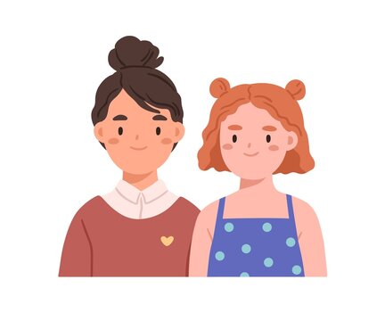 Happy girls friends portrait. Two smiling kids together. Pair, couple of lovely cute children. Positive joyful girlfriends, classmates. Flat vector illustration isolated on white background