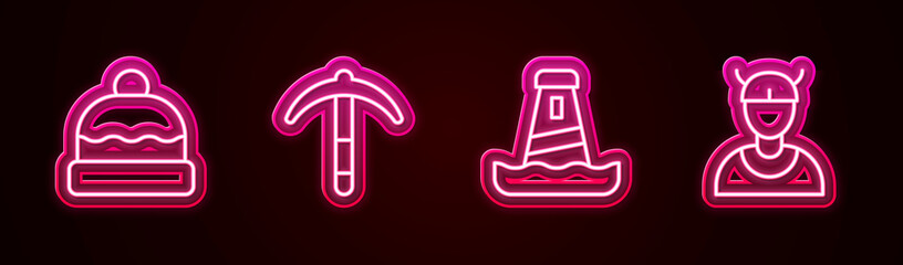 Set line Beanie hat, Pickaxe, Lighthouse and Viking head. Glowing neon icon. Vector
