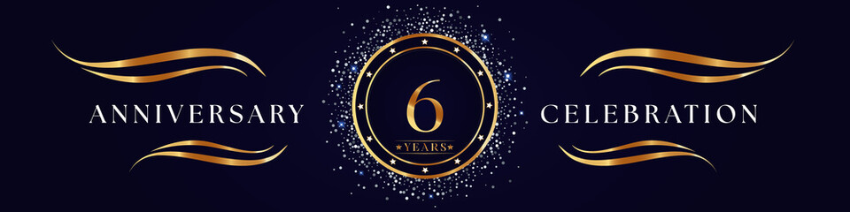 Fototapeta na wymiar 6 Years Anniversary Logo Golden Colored isolated on purple blue background. Poster Design for anniversary event party, wedding, birthday party, ceremony, greetings and invitation card.