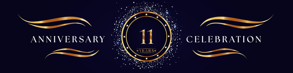 11 Years Anniversary Logo Golden Colored isolated on purple blue background. Poster Design for anniversary event party, wedding, birthday party, ceremony, greetings and invitation card.