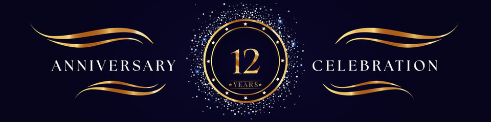 12 Years Anniversary Logo Golden Colored isolated on purple blue background. Poster Design for anniversary event party, wedding, birthday party, ceremony, greetings and invitation card.