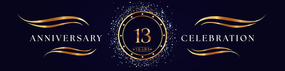 13 Years Anniversary Logo Golden Colored isolated on purple blue background. Poster Design for anniversary event party, wedding, birthday party, ceremony, greetings and invitation card.