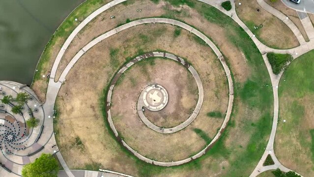 Butler Park Spiral In Austin Texas. Aerial Orbit. Map Of TX In Center.