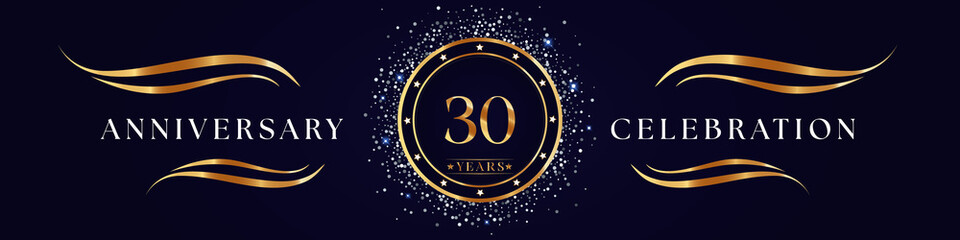 30 Years Anniversary Logo Golden Colored isolated on purple blue background. Poster Design for anniversary event party, wedding, birthday party, ceremony, greetings and invitation card.