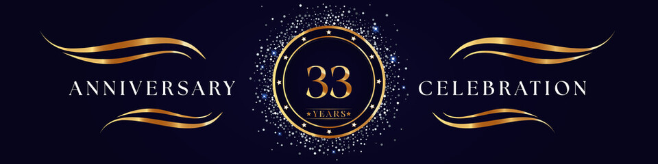 33 Years Anniversary Logo Golden Colored isolated on purple blue background. Poster Design for anniversary event party, wedding, birthday party, ceremony, greetings and invitation card.
