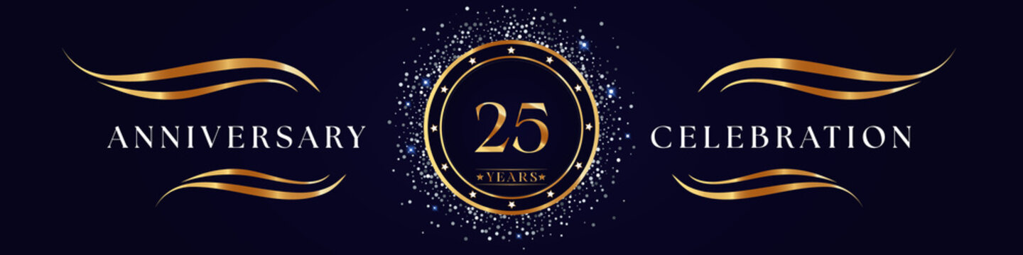 25 Years Anniversary Logo Golden Colored isolated on purple blue background. Poster Design for anniversary event party, wedding, birthday party, ceremony, greetings and invitation card.