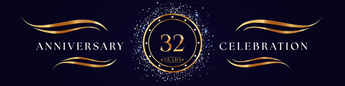 32 Years Anniversary Logo Golden Colored isolated on purple blue background. Poster Design for anniversary event party, wedding, birthday party, ceremony, greetings and invitation card.