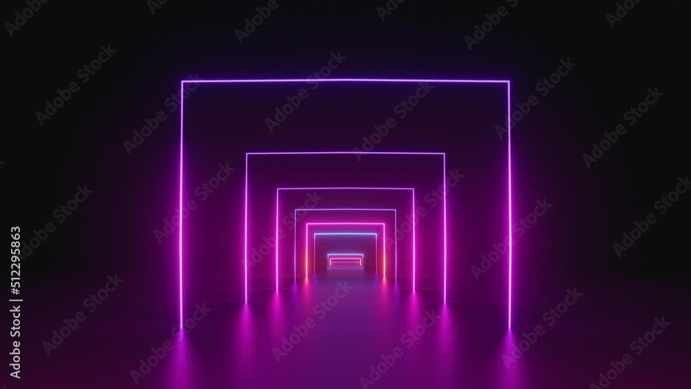Poster looped 3d animation, neon tunnel with rotating square frames. abstract cycled background