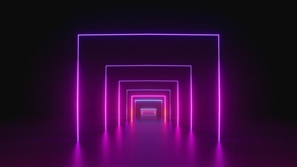 looped 3d animation, neon tunnel with rotating square frames. Abstract cycled background - Powered by Adobe