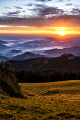 Fototapeta na wymiar Sunrise in the Rarau mountains, Eastern Carpathians, Romania.