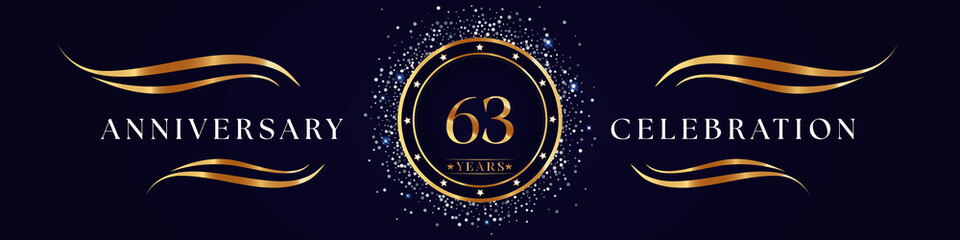 Fototapeta na wymiar 63 Years Anniversary Logo Golden Colored isolated on purple blue background. Poster Design for anniversary event party, wedding, birthday party, ceremony, greetings and invitation card.