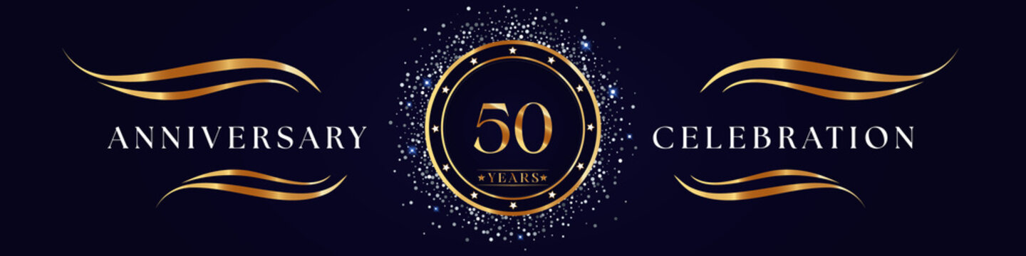 50 Years Anniversary Logo Golden Colored isolated on purple blue background. Poster Design for anniversary event party, wedding, birthday party, ceremony, greetings and invitation card.