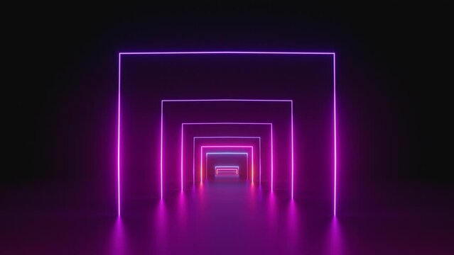 looped 3d animation, neon tunnel with rotating square frames. Abstract cycled background
