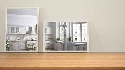 Fototapeta na wymiar Minimalist mirrors on wooden table, desk or shelf reflecting interior design scene. White kitchen with dining table and windows. Scandinavian background with copy space