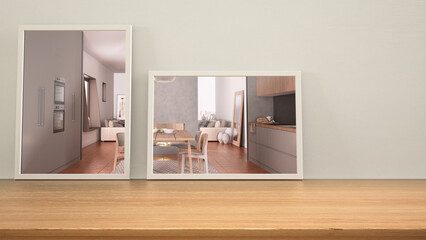 Minimalist mirrors on wooden table, desk or shelf reflecting interior design scene. Country kitchen and living room with terrazzo floor tiles. Modern background with copy space