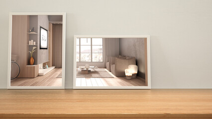 Fototapeta na wymiar Minimalist mirrors on wooden table, desk or shelf reflecting interior design scene. Concrete and wooden walls in cozy living room with armchairs. Modern background with copy space