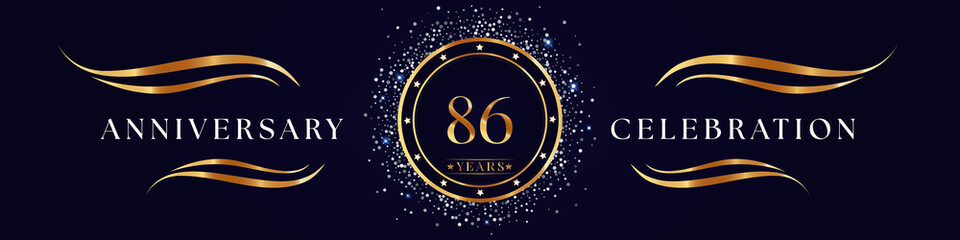 Fototapeta na wymiar 86 Years Anniversary Logo Golden Colored isolated on purple blue background. Poster Design for anniversary event party, wedding, birthday party, ceremony, greetings and invitation card.