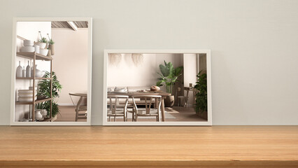 Minimalist mirrors on wooden table, desk or shelf reflecting interior design scene. Country kitchen and living and dining room with table. Modern background with copy space