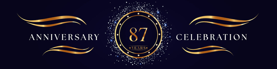 87 Years Anniversary Logo Golden Colored isolated on purple blue background. Poster Design for anniversary event party, wedding, birthday party, ceremony, greetings and invitation card.