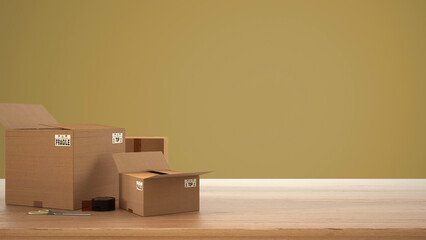 Wooden table, desk or shelf with stack of cardboard boxes over yellow colored background, modern interior design, moving house template concept with copy space