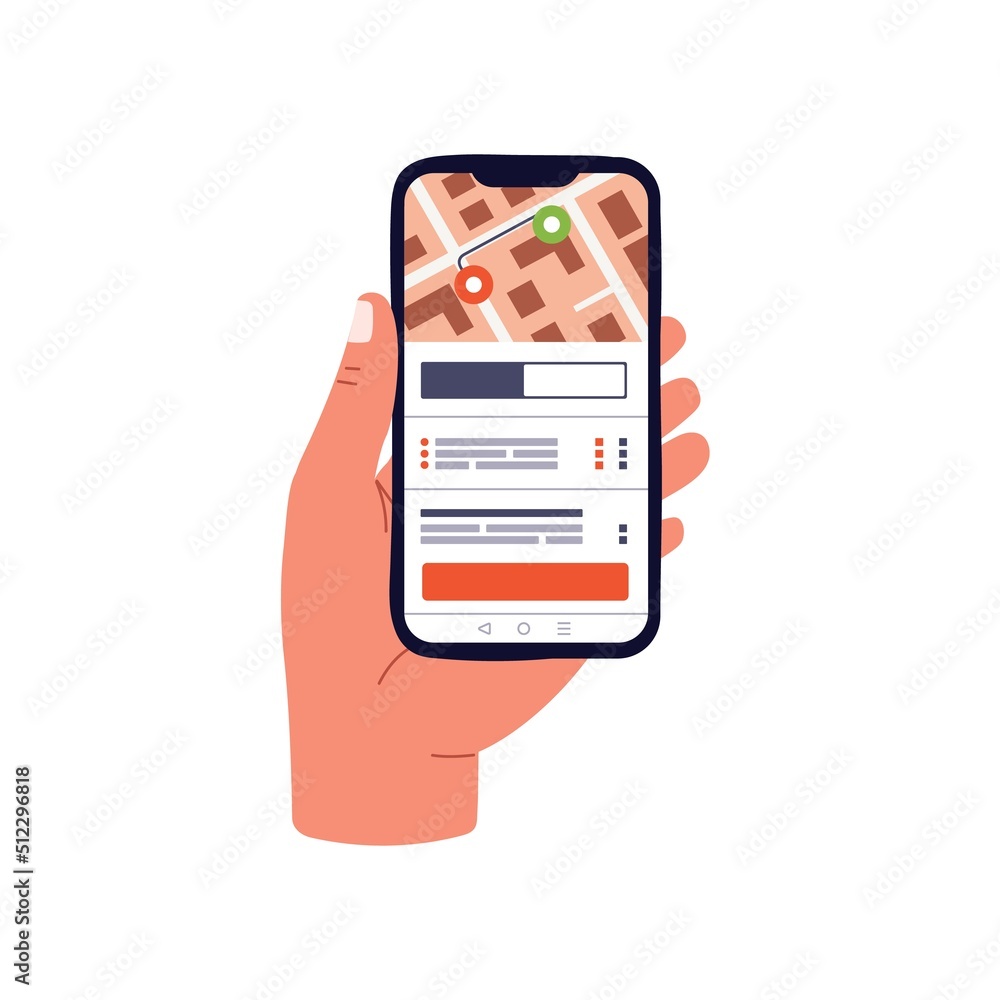 Poster hand holding mobile phone with map app for gps navigation. using smartphone screen with application 