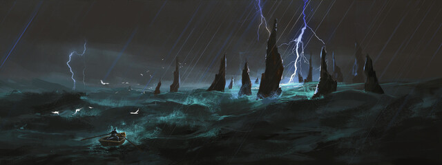 Lonely boat heading for a strange formation of stones in the ocean, 3D illustration. © liuzishan