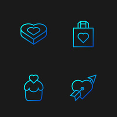 Set line Amour with heart and arrow, Wedding cake, Candy shaped box and Shopping bag. Gradient color icons. Vector