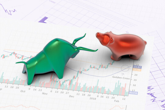 Bull and Bear Financial Strategies. Concept of stock market exchange or financial. 3d illustration of Bullish and Bearish Stock Market
