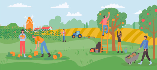 Autumn gathering, farmers collect harvest fruits in garden