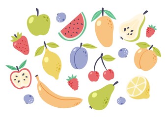 Summer fruit collection. Set of fresh tropical and garden fruits doodle, organic biological vegan food. Cute cartoon vector illustration