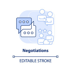 Negotiations light blue concept icon. Business discussion. Compromise. Merger stage abstract idea thin line illustration. Isolated outline drawing. Editable stroke. Arial, Myriad Pro-Bold fonts used