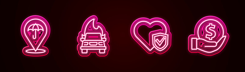 Fototapeta premium Set line Umbrella, Burning car, Life insurance with shield and Money. Glowing neon icon. Vector