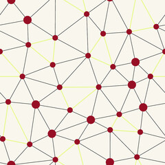 Abstract grid structure with triangles and red dots seamless pattern. Lines mesh repeat vector.