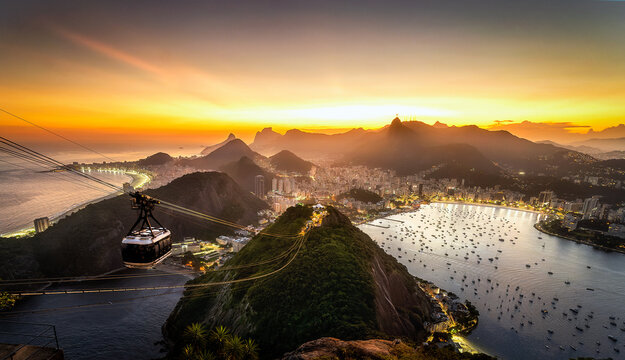 Picturesque scenery of modern coastal city surrounded by mountains at sundown
