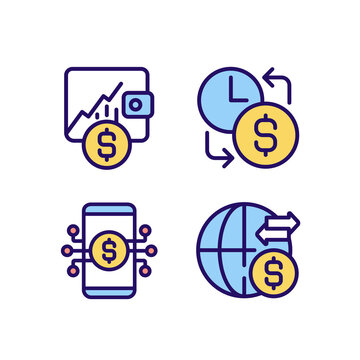 Daily cash flow pixel perfect RGB color icons set. Hourly earnings. Stock trading. International money transfer. Isolated vector illustrations. Simple filled line drawings collection. Editable stroke